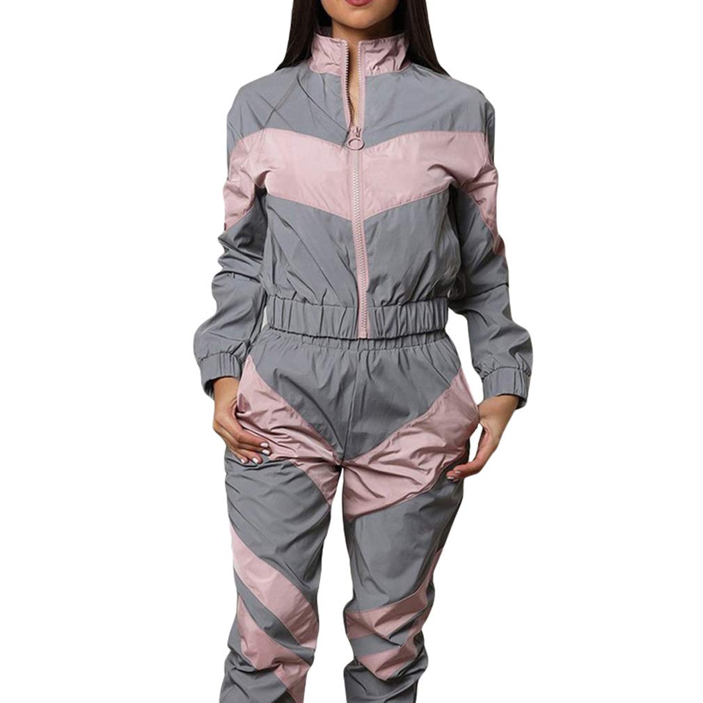 hiboteTute Donna Set da 2 Pezzi Pantaloni con Cappuccio Riflettente con Cerniera Riflettente Moda Giacca Allentata Cappotto Pantaloni Set di Tute di Giunzione