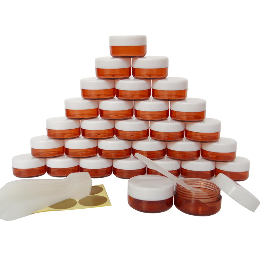 Wopanxye 30 pack 10 gram 10g Round Plastic Jars, Cosmetic Sample Container, Storage Amber Pot Can With Black Lids, Small Travel Jar For Powder Eyeshadow Organization Handcream Essence Toner Lip Gloss