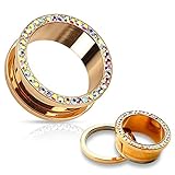 BodyJ4You Rose Goldtone Screw Fit Plugs Aurora Crystal Rim 0 Gauge - 14mm - 2 Pieces