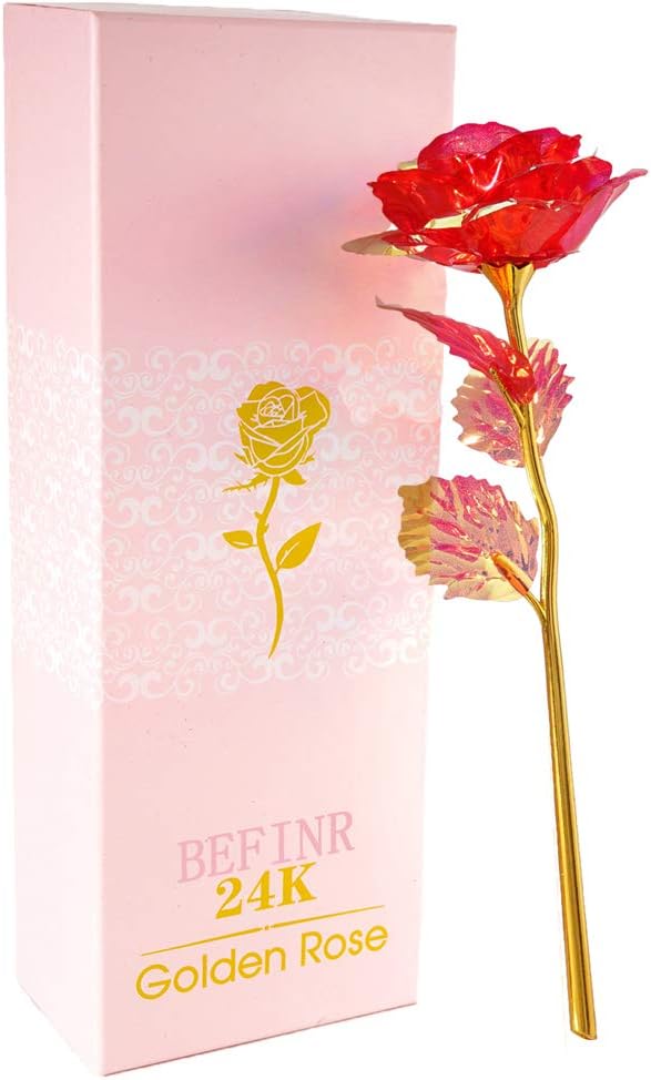 Beferr 24K Rose Artificial Flower Unique Gifts Valentine's Day Thanksgiving Mother's Day Girl's Birthday, Best Gifts for Her for Girlfriend Wife Women (Gold Red)