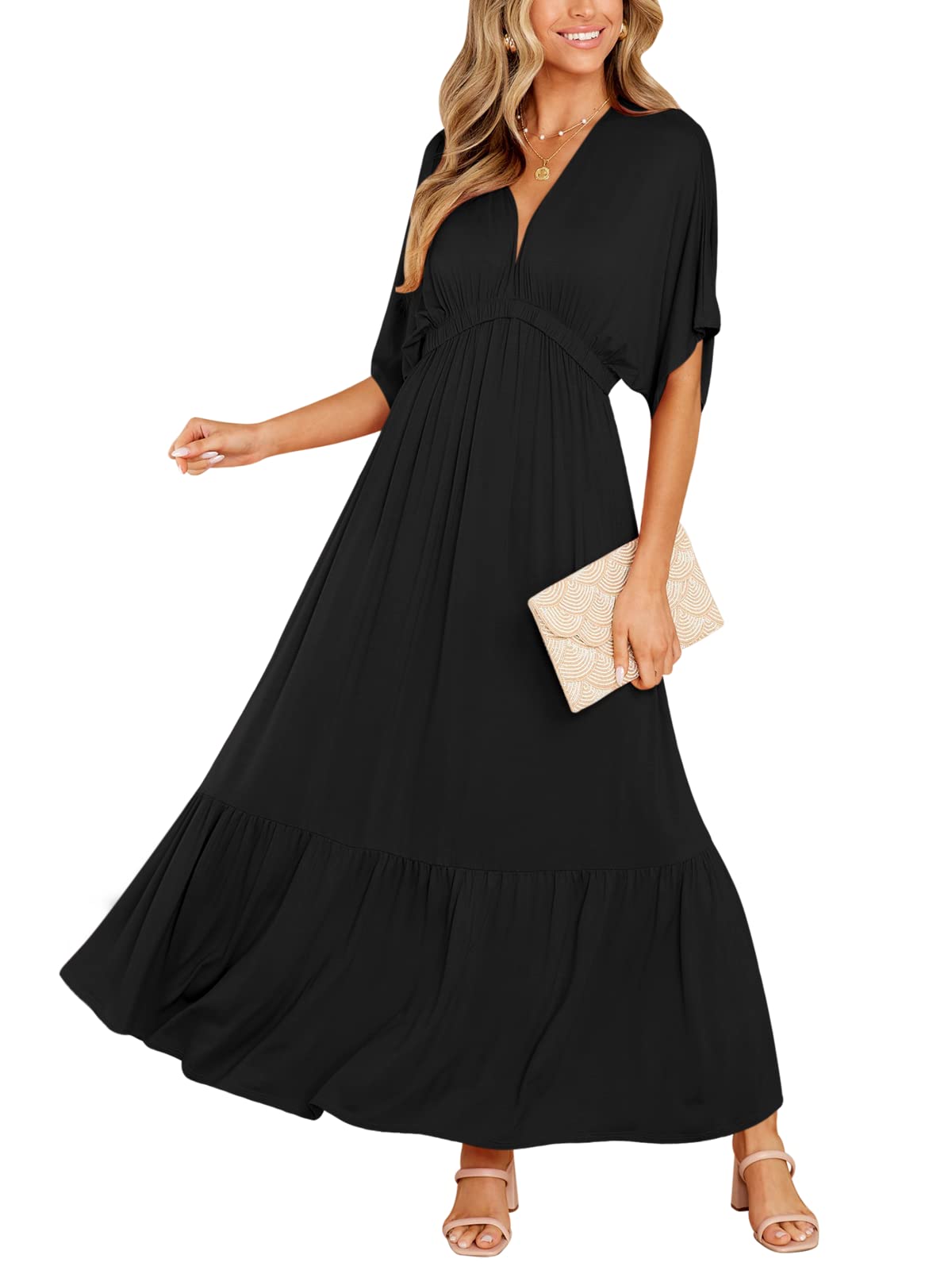 DEEP SELF Women's Black Deep V Neck Short Sleeves Maxi Dress Hight ...
