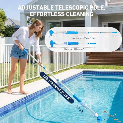 Aspirapolvere Piscina, Aspirapolvere Ricaricabile 3-in-1 con Palo Telescopico Regolabile (120cm-185cm), 70 Minuti di Funzionamento Aspirapolvere Pavimento Piscina per Piscine