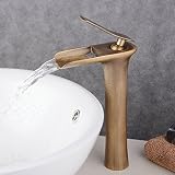 Beelee Antique Brass Waterfall Spout Bathroom Sink Faucet Tall Single Handle view 2