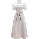 winkbay Women's Elegant Collared Puff Sleeve Dress Summer Belted Color Block A Line Midi Work Cocktail Dresses