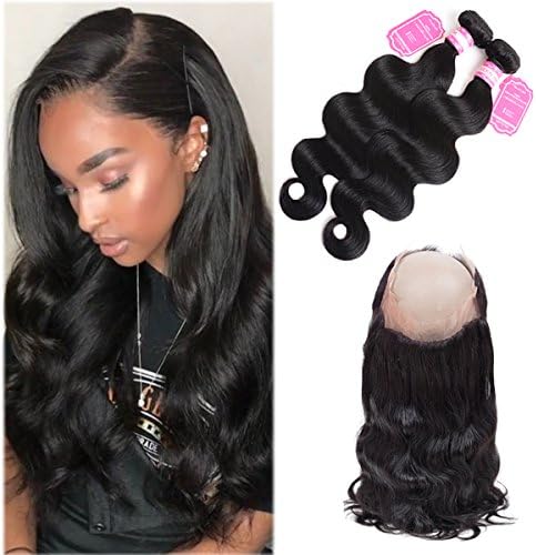 360 Frontal with Bundles Brazilian Body Wave 2 Bundles with Closure Body Wave Brazilian Hair with 360 Closure 14 16 +12 inch 360 Lace Band with Baby Hair