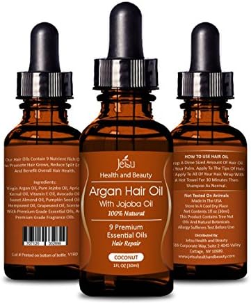 Argan Oil for Hair, COCONUT Scent - Repair Damaged Hair, Daily Hair Moisturizer, 9 Premium Quality Natural Essential Oils, including Jojoba Oil for Hair. FREE easy to use Dropper.