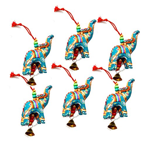 Rastogi Handicrafts Elephant Bell Hanging Layer Set OF 6 Home Christmas Hanging Decorative Ornaments Multi colored Indian Traditional (TERQUISE)