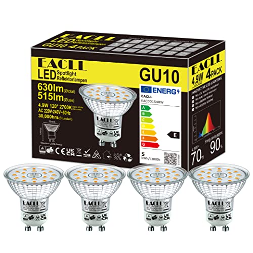 EACLL GU10 LED, Warm White, 4.9 W, Replaces 70 W Halogen Bulbs, Pack of 4, 515 Lumens 2700K Bulbs, AC 230 V, Flicker-Free Spotlight, Beam Angle 120°, Non-Dimmable Reflector Lamps