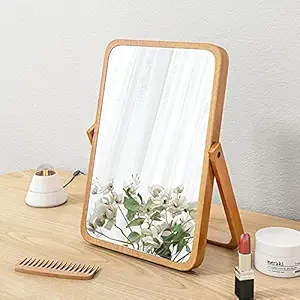 Vintage Wood Table Vanity Makeup Mirror, Rectangle Wall-Mounted Mirrors, Desk Mirror, Hanging Mirror, Wall Mirror Decor for Living Room, Bedeoom, Entryway, 8x11 inch