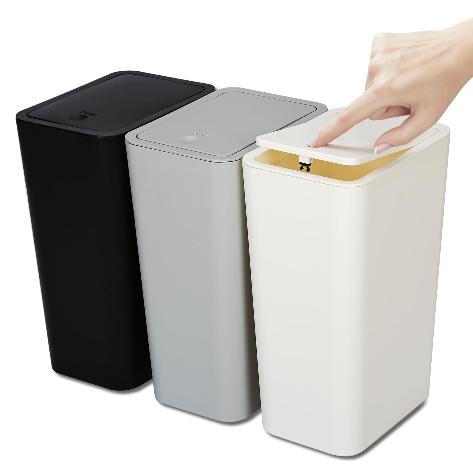 Photo 1 of N. NETDOT 3 Pack 10L/2.6 Gal Bathroom Trash Can with Lid, Trash Bin with Press Lid, Small Trash Can/Slim Garbage Cans/Waste Basket for Bathroom,Kitchen,Office,Bedroom - Black,Gray,Off White