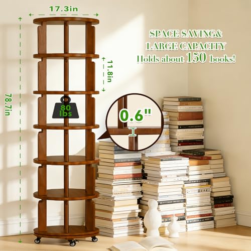 Azlafu 6 Tier 360° Rotating Solid Wood Bookshelf with Wheels, Lazy Susan Circular Spinning Revolving Corner Bookcase, Freestanding Storage Shelf for Bedroom Small Space, Walnut