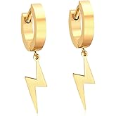YUNXI Unisex Punk Hip Hop Stainless Steel Silver Black Gold Tone Thunder Lightning Bolt Dangle Huggie Hoop Earrings for Women Men