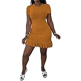Nimsruc Womens Summer Dresses Short Sleeves Crew Neck Casual Bodycon Mini Dress with Ruffle Hem