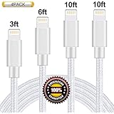 BULESK Phone Cable 4Pack 3FT 6FT 6FT 10FT Nylon Braided Phone Charger Cord Compatible with iPhone Xs/XS Max/XR/X/iPhone 8 8 Plus 7 7 Plus 6s 6s Plus 6 6 Plus iPad iPod Nano - Silver