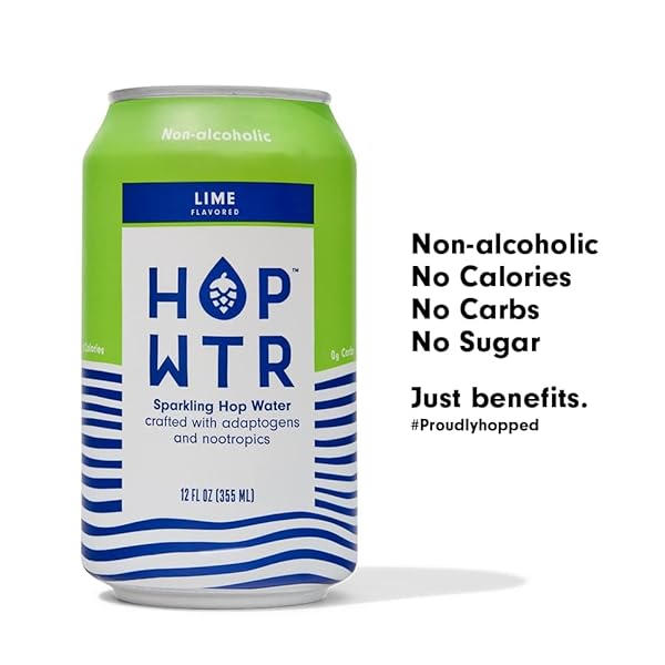 HOP WTR SPARKLING HOP WATER, LIME 12 PACK, SUGAR FREE, LOW CARB NON ALCOHOLIC DRINKS, NA BEER, ADAPTOGEN DRINK, NO CALORIES, ADAPTOGENS & NOOTROPICS FOR ADDED BENEFITS, 12 OZ CANS