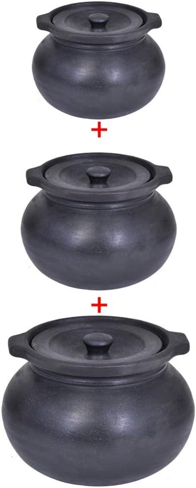 (3 PC Set) Natural Black Round Pot with Handle (Size: 1, 1.5, 2 LTR) for preparing Rice, Sambar, Rasam, Kadhi,Boiling Milk,Churning Curd!Flat Bottom!(Finish:Smooth UNGLAZED Finish)