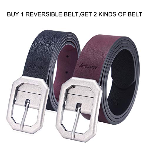 Reversible Leather Belts for Women with 1.25" Wide Solid Brown Western Waist Sash Waistband Men Silver belt Buckle (Coffee,XXL:Waist 40"-45")
