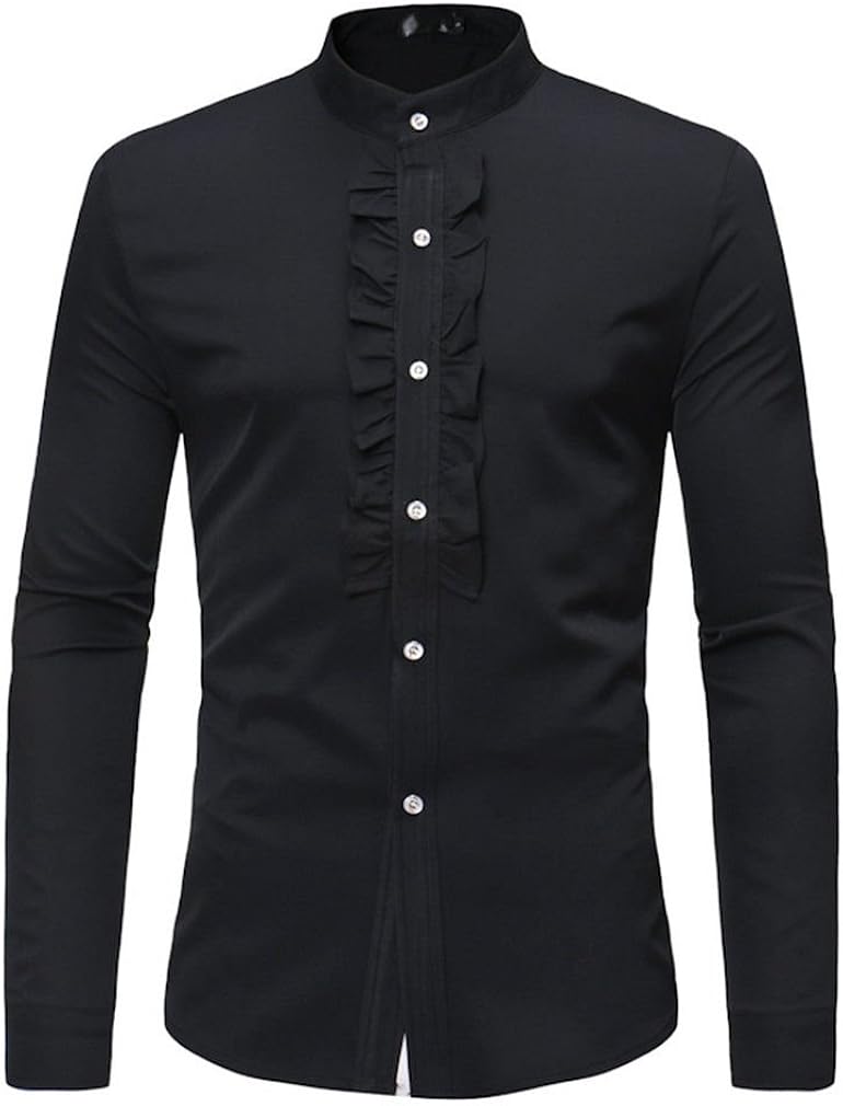 Usopu Cuello Redondo Permanente de los Hombres Camisa de Manga Larga de Color Sólido de Encaje Usopu Cuello Redondo Permanente de los Hombres Camisa de Manga Larga de Color Sólido de Encaje