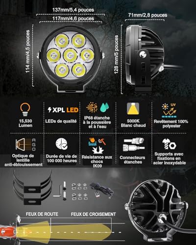 CO LIGHT Additional Lights for Motorcycle LED, 140W/2PCS Motorcycle Fog Lights Strobe Headlight Kit Removable Amber Hood Brackets and Wiring Universal for ADV Moto R 1250GS