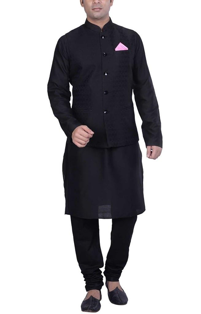 kisah men's black cotton silk kurta and churidar with grey cotton silk nehru jacket