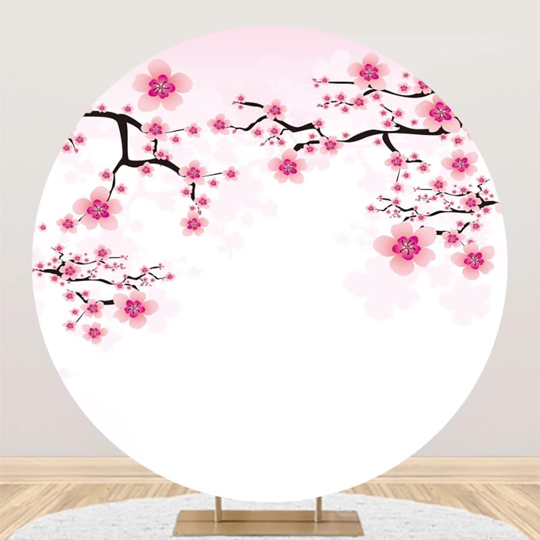 Photo 1 of AOFOTO Pink Cherry Blossom Round Backdrop Japanese Style Blossom Floral Spring Flower Circle Backdrop for Photography Happy Birthday Party Baby Shower Decor Wedding Reception Carnival 6.5x6.5ft