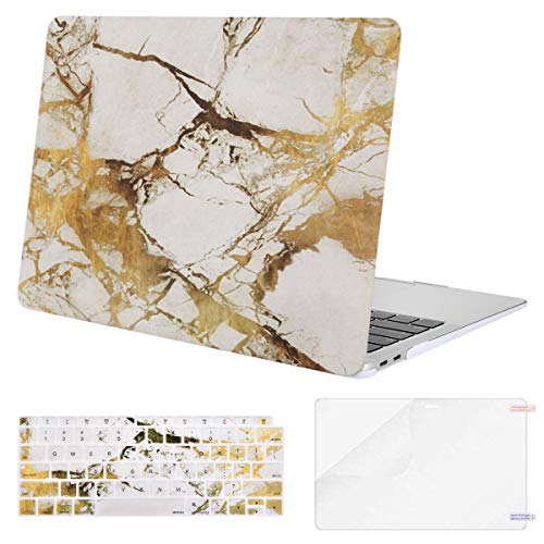 MOSISO MacBook Air 13 Inch Case 2018 Release A1932 with Retina Display, Plastic Pattern Hard Case Shell & Keyboard Cover & Screen Protector Only Compatible Newest MacBook Air 13, White Gold Marble