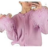 Womens Feather Trim Cardigan Knit Button Down Long Sleeve Crop Sweater Tops Holiday Rave Fur Trim Jacket
