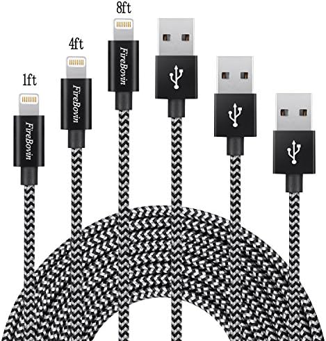 FireBovin Iphone Cable , 3Pack 1FT 4FT 8FT Phone Cord Lightning Cable Charger with Aluminum Connector for iPhone 7/7 Plus/6s/6s Plus/6/6Plus/5s/5c/5, iPad/iPod Models-Black