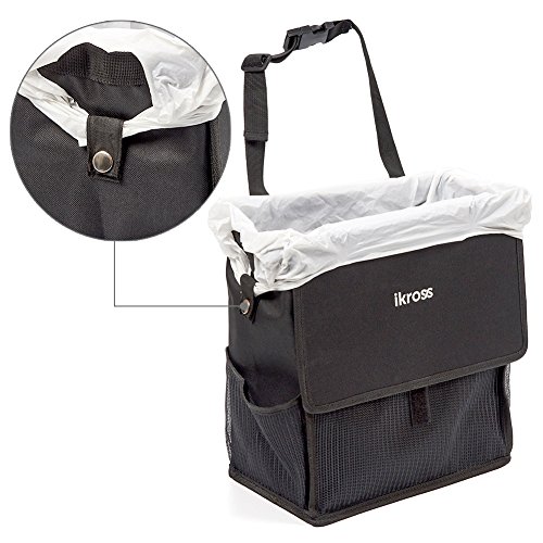 iKross Hanging Car Trash Organizer Bin Bag, Leakproof Auto Garbage Litter Storage Box with Cover Lid, Detachable Backseat Strap and Side Pockets - Black