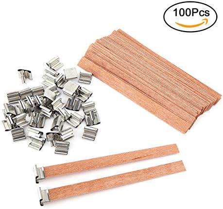 TSLIKANDO 100Pcs Wood Candle Wicks with 100pcs Iron Stands for DIY Candle Making,13mm x 130mm