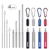 [Updated] 4 Pack Portable Collapsible Reusable Straws - Telescopic Stainless Steel Metal Travel Straw Drinking with Case, Cleaning Brush and Keychain, by Huameilong(Sliver, Black, Blue,Red)