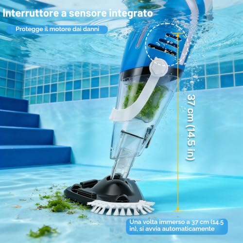 TLPEMN Wireless Pool Vacuum Cleaner, Dual Modes with 31 cm Triangle Brush & Crevice Nozzle, Automatic Immersion Start, 80 min Autonomy, Telescopic Rod 139-199 cm