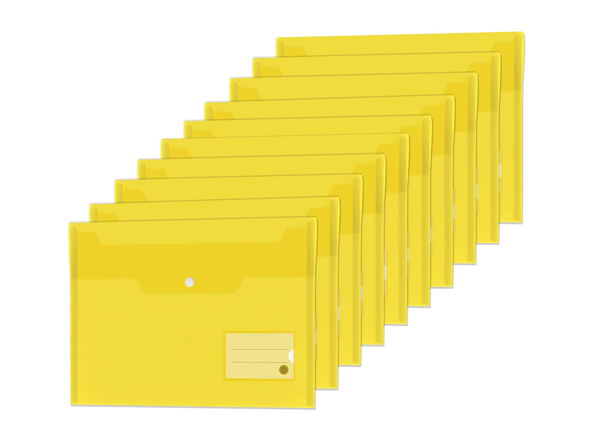 Vabe UK 10 Plastic Wallets – A4 Plastic folders with Label Pocket – Storing and Securing Student Paperwork Or Important Document for Home, School or Office Use. (10, Yellow)