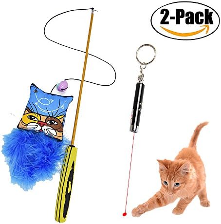 UnyeeToy Cat Teasers toys Value Pack - Interactive Feather Teaser &amp; LED Training Flashlight (Set 3)