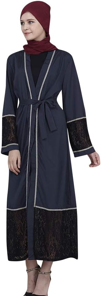 Minshao Dubai Style Women Open Front Kaftan Abaya Muslim Cardigan Lace Prom Gown Dress