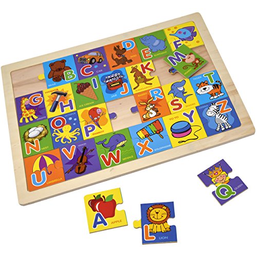 Wooden Alphabet Puzzle Board - Toddler Learning ABC Toy Smart Visual Game with 26 Large Size Pictures, Words and Letter Blocks for Kids Boys Girls Entertaining and Fun To Teach and Learn - Thumbnail 2