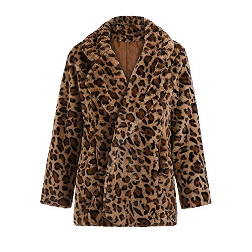YOMXL Vintage Women Leopard Jackets Soft Plush Lapel Faux Fur Cardigan Winter Warm Side Pocket Jumper Coat