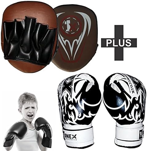 Leather 6oz Kids Boxing Gloves Junior 6oz + Focus Pad (Pair) Black 2017 Punch Focus Pad MMA Training Muay Thai Mitts Target Boxing Set
