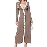 Women's Long Sleeve Ribbed Knit Bodycon Sweater V-Neck Button Down Color Blocked Casual Midi Party Dress