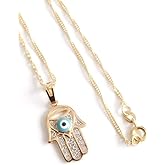 SIFRIMANIA Hamsa Hand Evil Eye Necklace, Two Tone Gold Plated Filigree Pendant with Enamel Detail, 19.5 Inch Chain Protection Jewelry for Women