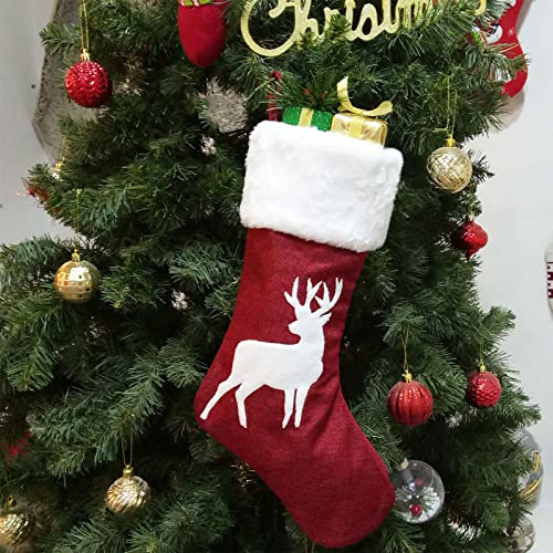 Cynno Christmas Stockings Ornaments kit, 4 Packs 18in Large Christmas Candy Stockings, Red Burlap Collage(Snowflake Fawn XmasTree) with Large Plush Cuff Stockings, for Family Holiday Xmas Party Deco