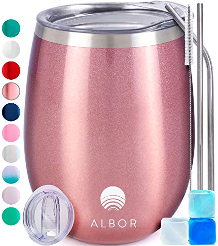 Albor Triple Insulated Wine Tumbler with Lid Stainless Steel 12 Oz Tumbler Rose Gold