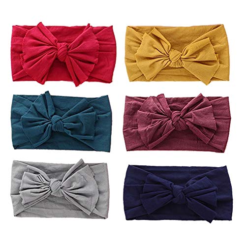 inSowni 6pcs Solid Nylon Bow Turban Headbands Elastic Hairbow Headwrap Hair Bands for Newborns Infants Baby Girls Toddlers Kids