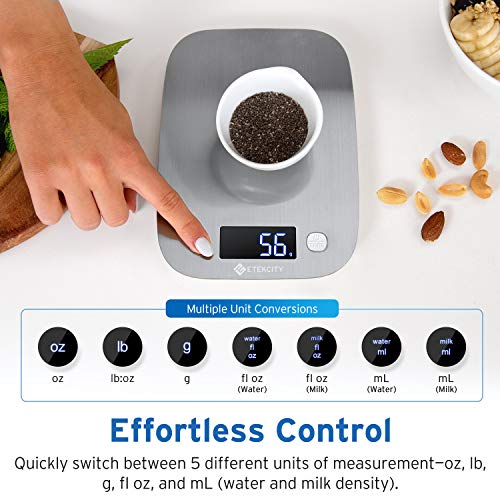 Etekcity Kitchen Food Scale Digital Weight Grams and Oz, LED Backlit Display (AAA Battery), Stainless Steel, Silver