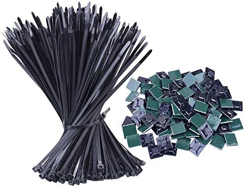 NOUVCOO 250pcs Self-locking Zip Ties Black 10 inches & 100pcs Self-adhesive Cable Tie Mounts Black 0.9x0.9 inch with Screw Holes for Home Office Garden Garage and Workshop NV03