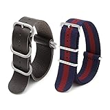 2pc 22mm Nato Ss Nylon Striped Blue/red , Brown Leather with Silver Clasp Replacement Watch Strap Band
