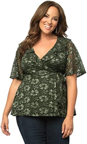 Kiyonna Women's Plus Size Lustrous Lace Wrap Top 2X Olive Glitz