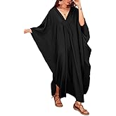 Bsubseach Women Solid Color Cover Up V Neck Batwing Sleeve Plus Size Beach Kaftan Dresses