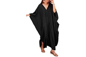 Bsubseach Women Solid Color Cover Up V Neck Batwing Sleeve Plus Size Beach Kaftan Dresses
