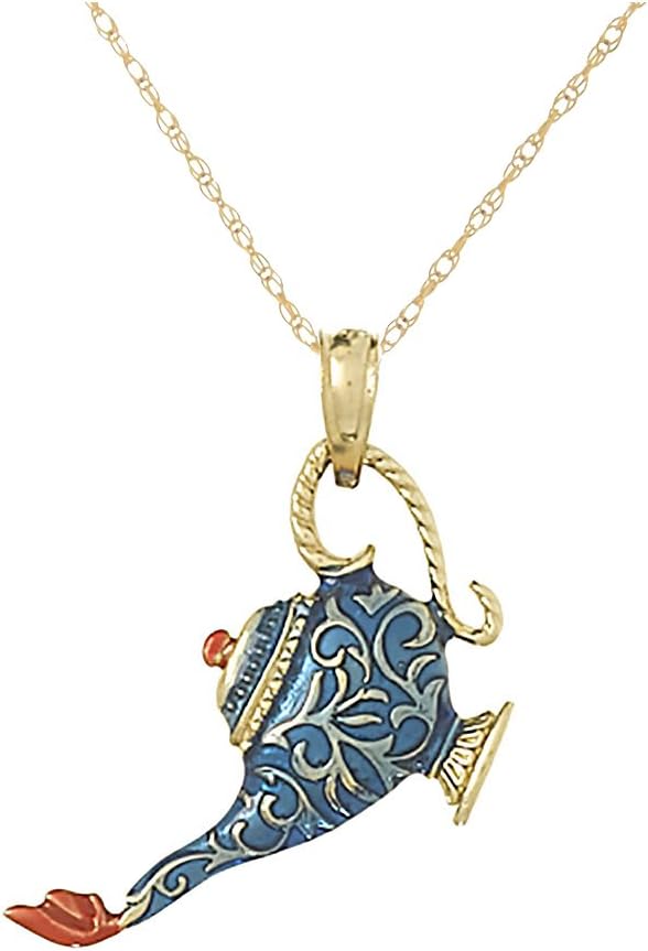 14k Yellow Gold Novelty Charm Necklace Pendant, 3-D Blue Genie Lamp with Flame, Textured, with 18 Inch Chain